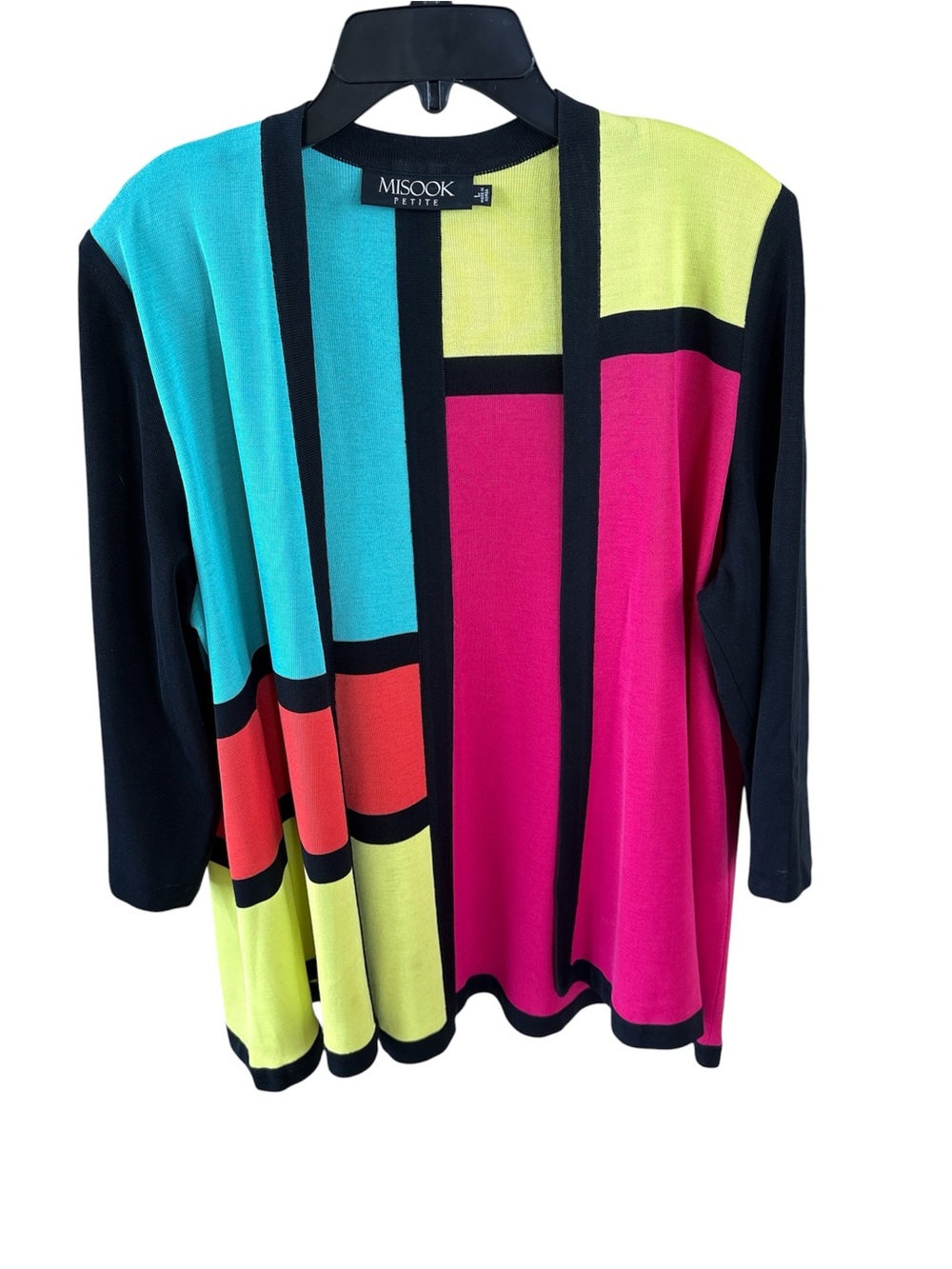 Misook Petite Colorblock Open Cardigan - Turquoise, Lime, Hot Pink, Black